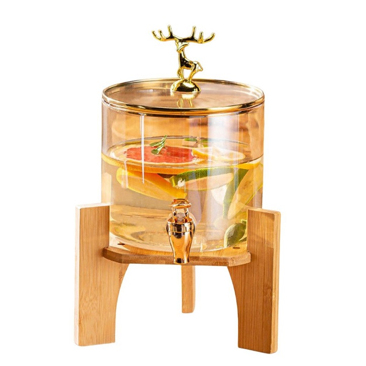 Диспенсър за напитки с дървена стойка, Златисти детайли, Широк цилиндричен отвор, Капак с дръжка на елен, 8 литра, Прозрачен