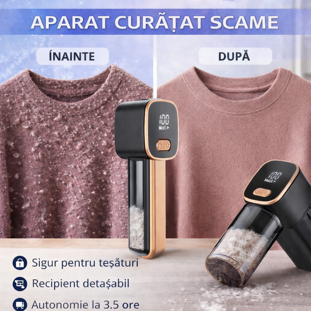 Aparat de curatat scame electric, Acumulator 1800 mAh, USB-C, Negru