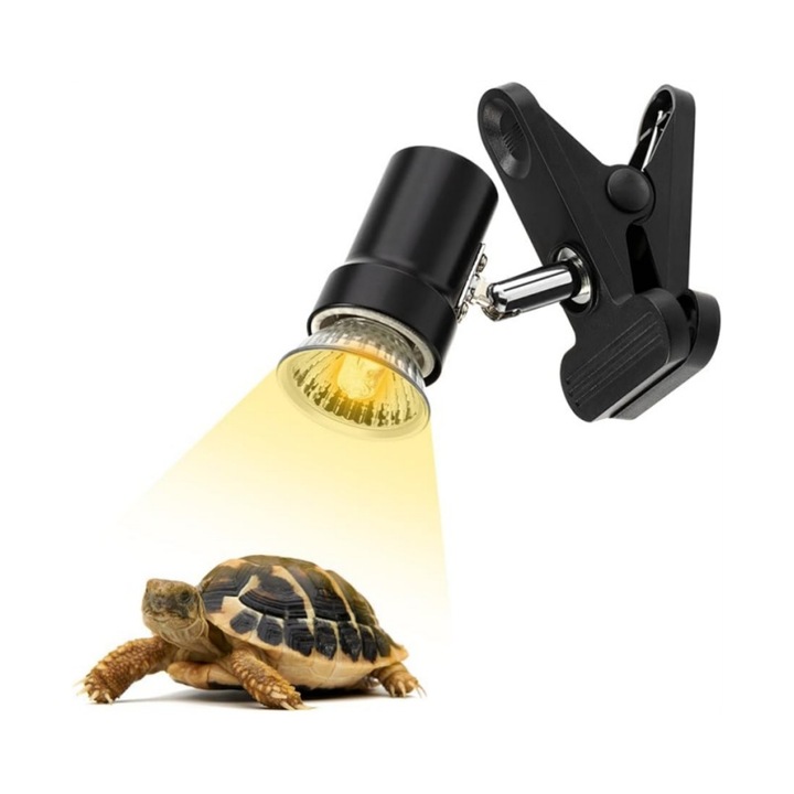 Lampa de incalzire pentru reptile, SUB, 50 W UVA UVB, bec de incalzire care simuleaza lumina soarelui, cu clema, potrivita pentru reptile, soparle, amfibieni, dragoni barbati, serpi, compatibila cu incinte din sticla, negru