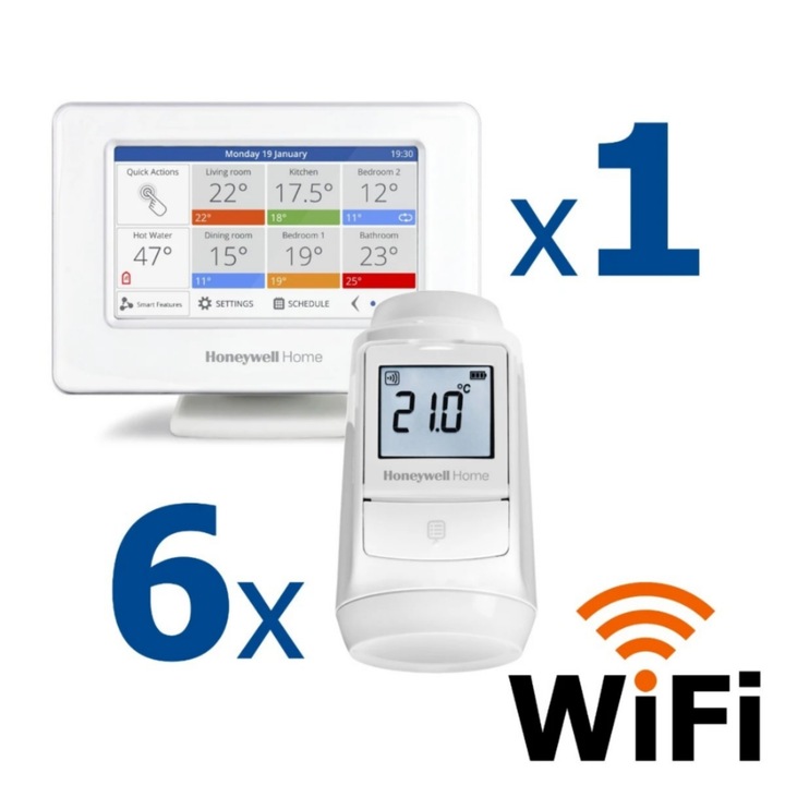 Kit termostat de ambient si 6 capete termostat smart pentru calorifer Honeywell Home, Wi-Fi, control de la distanta, siguranta pentru copii, detectare fereastra deschisa, protectie la inghet, afisaj digital