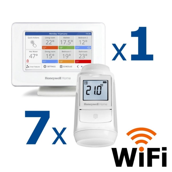 Kit termostat de ambient si 7 capete termostat smart pentru calorifer Honeywell Home, Wi-Fi, control de la distanta, siguranta pentru copii, detectare fereastra deschisa, protectie la inghet, afisaj digital