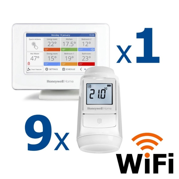 Kit termostat de ambient si 9 capete termostat smart pentru calorifer Honeywell Home, Wi-Fi, control de la distanta, siguranta pentru copii, detectare fereastra deschisa, protectie la inghet, afisaj digital