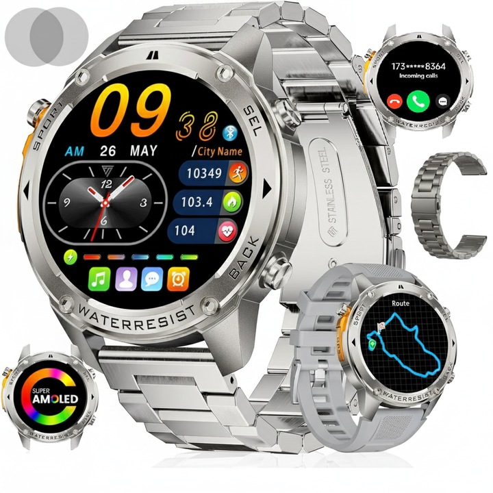 Smartwatch Barbati AMOLED 1.43”, GPS, Apel Bluetooth, 5ATM, Baterie 500 mAh, Sport & Fitness, Meniu Romana – Gri