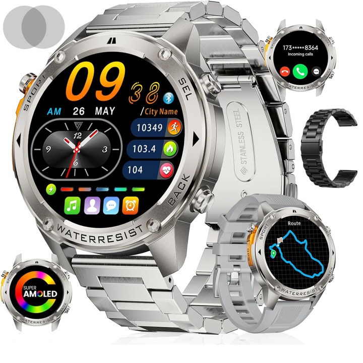 Ceas smartwatch barbati cu ecran AMOLED 1.43" (466x466), GPS, baterie 500 mAh, apel Bluetooth cu microfon HD, rezistent apa 5ATM, fitness & sport, curea metalica, 2 bratari si 2 folii protectie incluse (meniu limba romana) Gri
