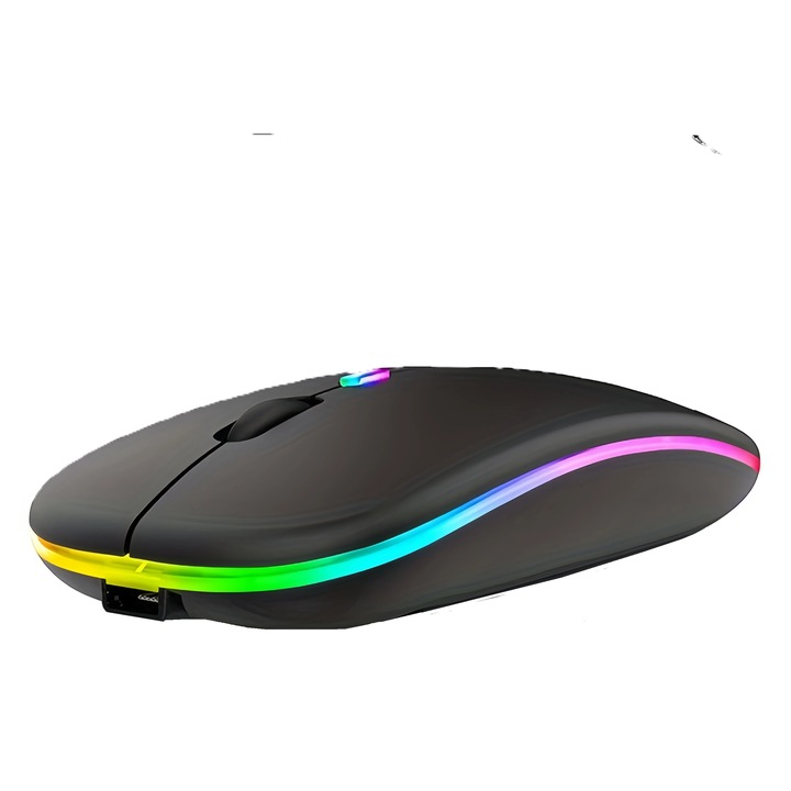 Mouse Wireless LED RGB Bluetooth 5.1 Reincarcabil, Ergonomic si Silentios, 1600 DPI, USB Receiver – pentru Laptop, PC, iPad, Mac, NEGRU