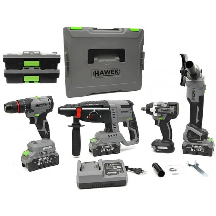 Комплект инструменти, HAWEK, акумулаторен перфоратор 36V, глослайф 125 mm, гайковерт 850 Nm, 3 броя батерии 5Ah, куфар