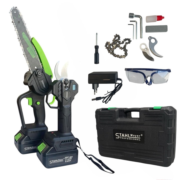 Акумулаторна лозарска ножица Stahlmayer 36V 8AH, комплект с мини резачка, 2 батерии, синя, диаметър рязане 33mm