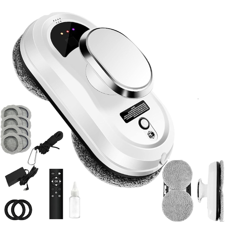 Интелигентен робот за почистване на прозорци, Zola, 5600 Pa, 10 миещи се микрофибърни кърпи, 4 почистващи пръстена, пръскачка, програмиране, дистанционно управление, бял