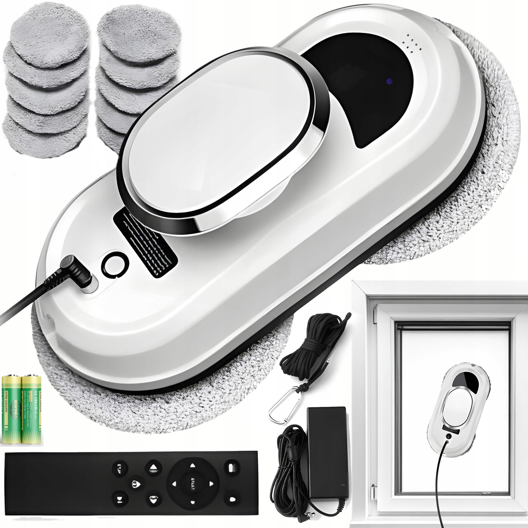 Robot inteligent pentru curatarea geamurilor, Zola, 5600 Pa, 10 lavete microfibra lavabile, 4 inele curatare, pulverizator, programare, telecomanda, alb