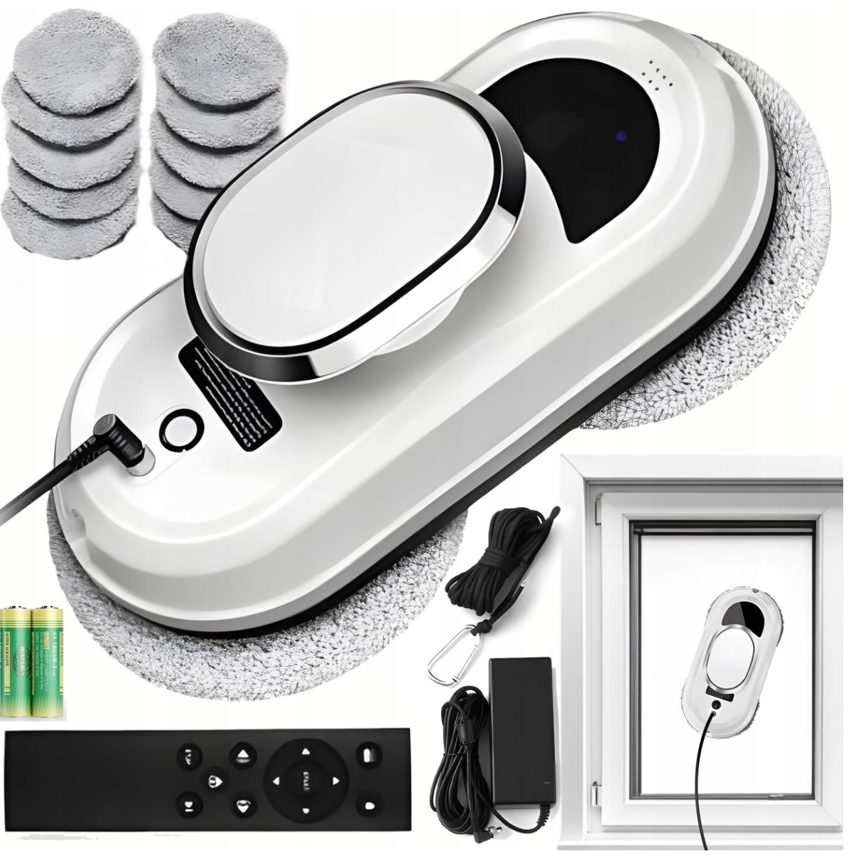 Robot inteligent pentru curatarea geamurilor, Zola, 5600 Pa, 10 lavete microfibra lavabile, 4 inele curatare, pulverizator, programare, telecomanda, alb