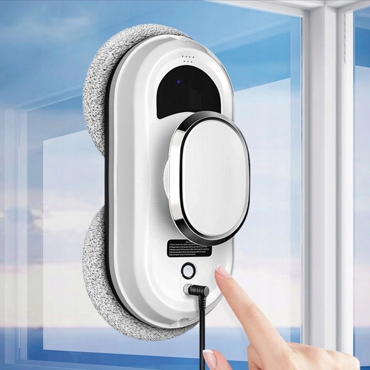 Robot inteligent pentru curatarea geamurilor, Zola, 5600 Pa, 10 lavete microfibra lavabile, 4 inele curatare, pulverizator, programare, telecomanda, alb