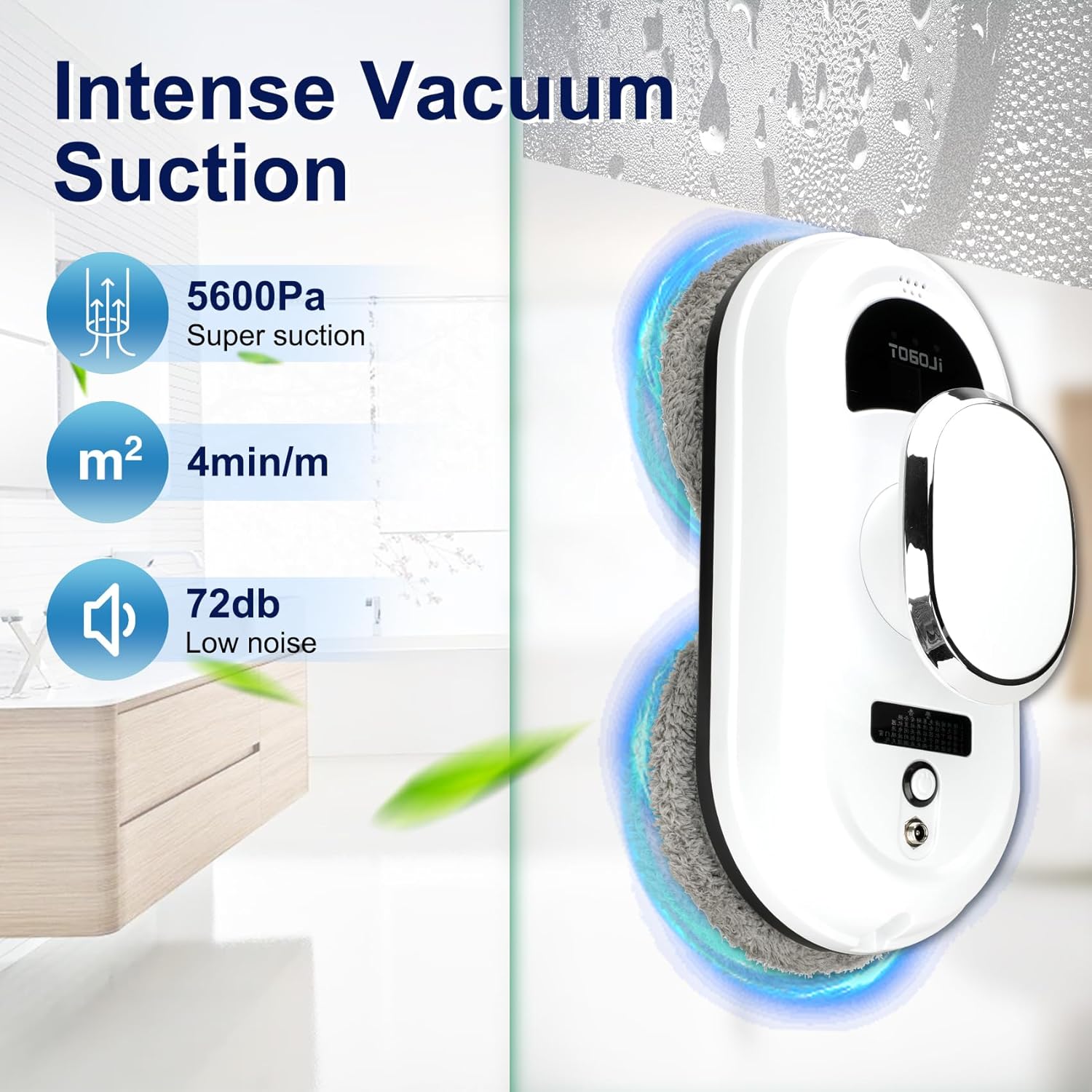 Robot inteligent pentru curatarea geamurilor, Zola, 5600 Pa, 10 lavete microfibra lavabile, 4 inele curatare, pulverizator, programare, telecomanda, alb