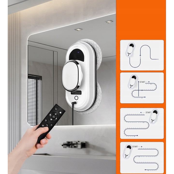 Robot inteligent pentru curatarea geamurilor, Zola, 5600 Pa, 10 lavete microfibra lavabile, 4 inele curatare, pulverizator, programare, telecomanda, alb
