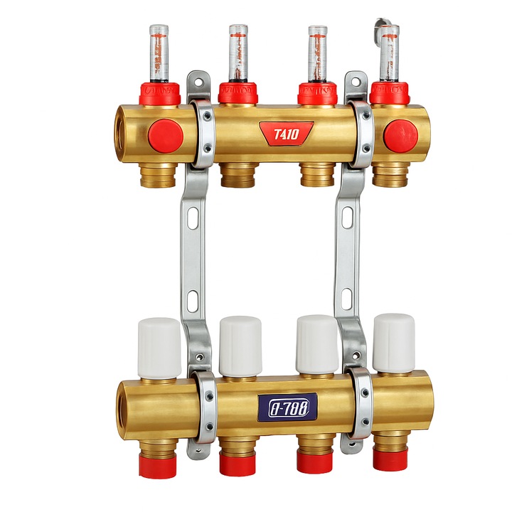 Distribuitor colector Giacomini R553FY010, cu debitmetre, 10 circuite, 1” x baza 18, alama, 10 bar, 5–110 °C