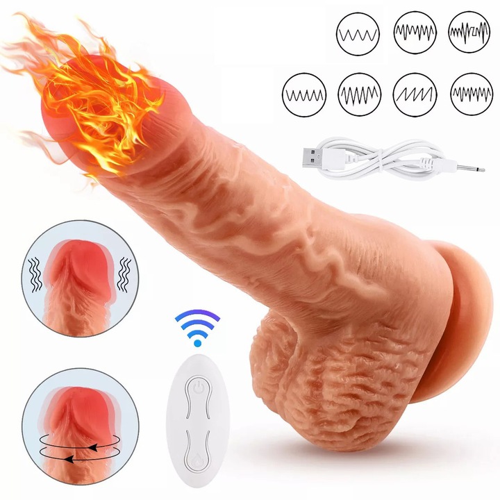 Ултрареалистично дилдо, Секс играчки, Анален и G-точка стимулатор, 42°C, 7 режима, Вагинален оргазъм, със силна вендуза, Без алергени, Силикон, Цвят на кожа, 20см