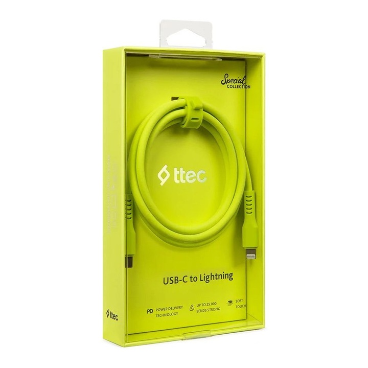 Data кабел ttec, USB-C - Lightning, Charge Cable, 120cm, Neon Yellow