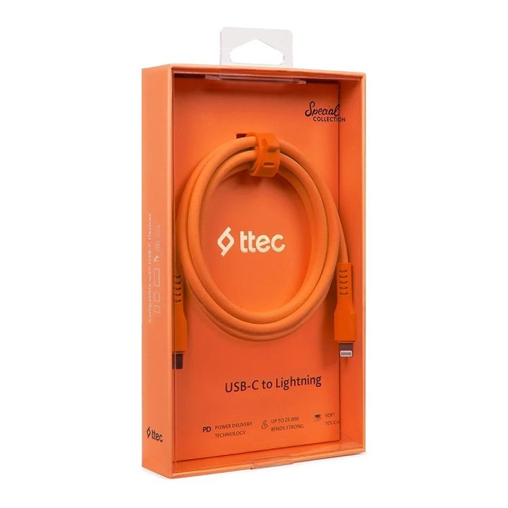 Data кабел ttec, USB-C - Lightning, Charge Cable, 120cm, Neon Orange