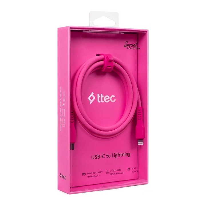 Data кабел ttec, USB-C - Lightning, Charge Cable, 120cm, Neon Pink