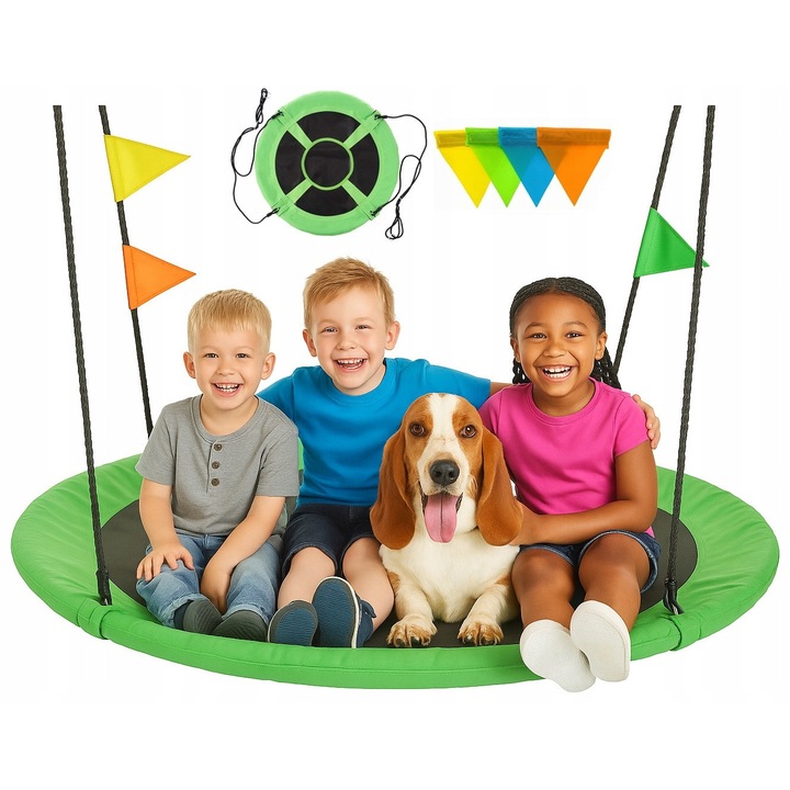 Leagan De Gradina Tip Cuib De Barza, Kidsmile, Bg 120 Verde, Material Oxford 600D + Pe, Lungimea Sarmei Pana La 180 cm Reglabila, Capacitate Maxima 150 kg, Latime 120 cm, Verde