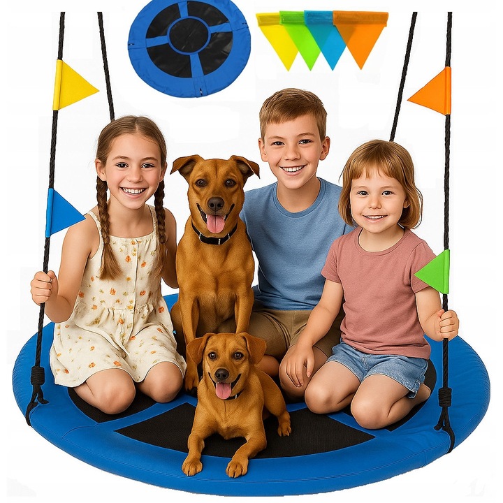 Leagan De Gradina Tip Cuib De Barza, Kidsmile, Bg 120 Albastru, Material Oxford 600D + Pe, Lungimea Sarmei Pana La 180 cm Reglabil, Capacitate Maxima 150 kg, Latime 120 cm, Albastru