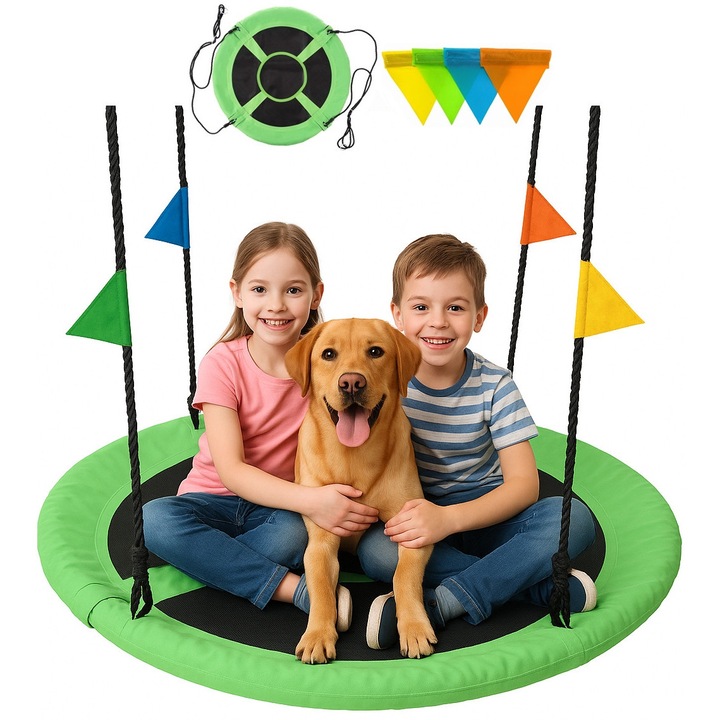 Leagan De Gradina Tip Cuib De Barza, Kidsmile, Bg 100 Verde, Material Oxford 600D + Pe, Lungimea Sarmei Pana La 180 cm Reglabil, Capacitate Maxima 150 kg, Latime 100 cm, Verde