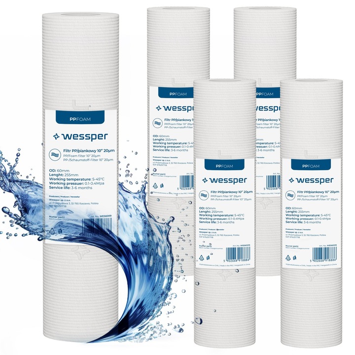 Filtre de apa, cartuse filtrante din spuma pentru prefiltrare 10" 20 microni PP20, 5 buc, Wessper