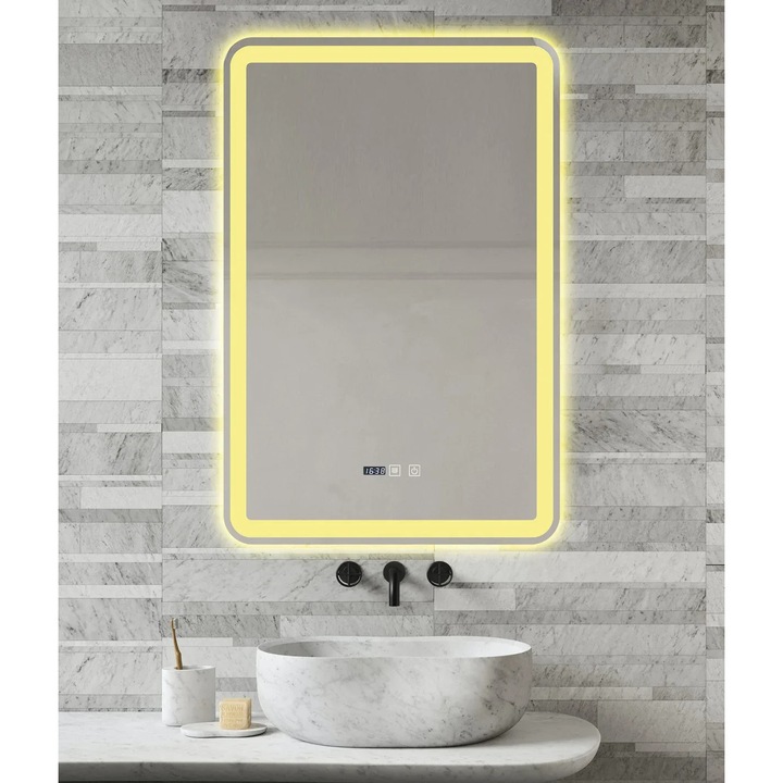 Oglinda LED si Touch, cu Functie Dezaburire si Ceas, 3 Tipuri De Lumina, 60x90 cm, J168 Smack