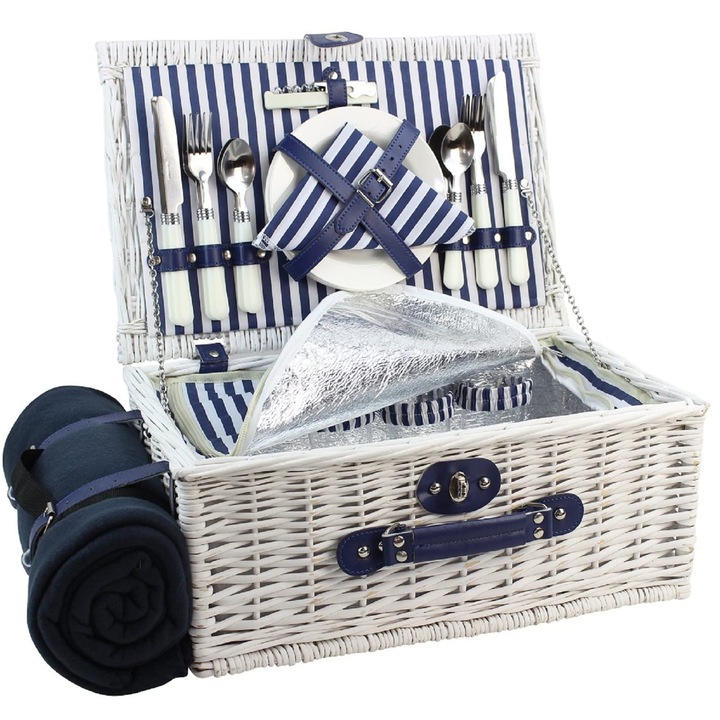 Happypicnic Piknikkosár Fonott Piknikkosár, Evőeszköz Készlet, Piknikkosár, Hőszigetelt Táska, Piknik Készlet, Fonott Kosár, Kempingezéshez, Szabadtéri Tevékenységekhez, Karácsony (L 4 Személyes, Fehér)