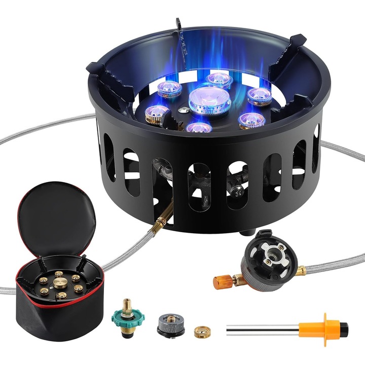 Arzator camping portabil cu 7 cupe de gatit din cupru, design pliabil, 16800W, cu conexiuni multiple, sac de transport inclus