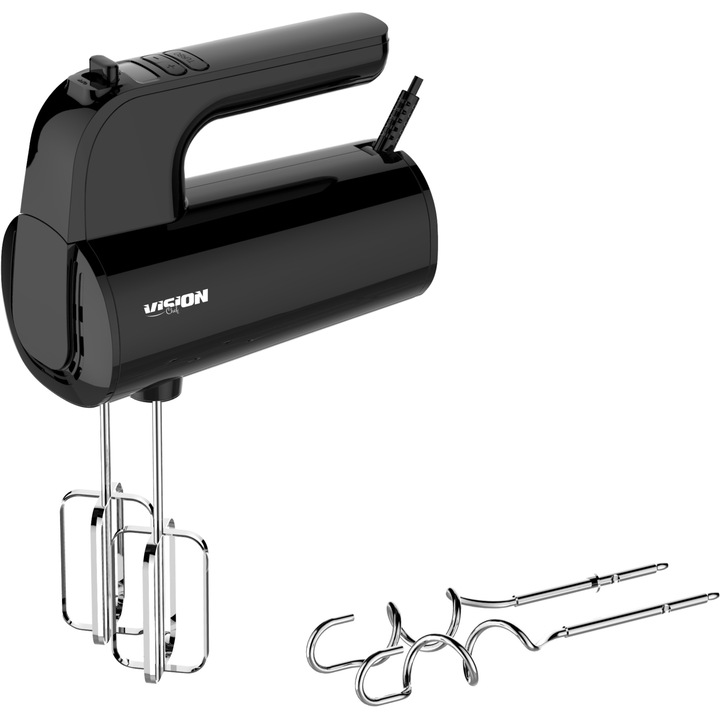 Ръчен миксер Vision Chef VMMD500BK, 500W, 5 скорости + Турбо, Дигитален контрол, Телени бъркалки и куки от неръждаема стомана, Вертикално съхранение, Черен