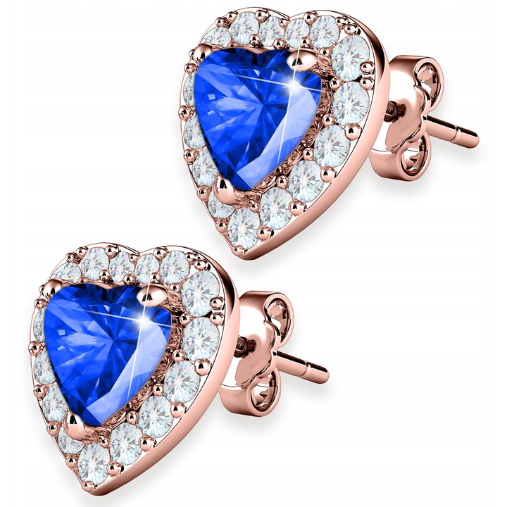 Cercei, Larezo, Inimi De Cristal Albastru Cu Zirconii, Argint 925, Fara Pietre, Pentru Femei, Cutie Pentru Bijuterii Premium, Roz