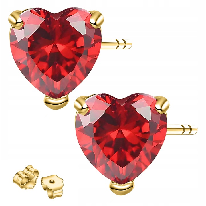 Cercei, Larezo, Inimi De Zirconiu Rosu, Inimi De Cristal, Argint 925, Fara Pietre, Pentru Femei, Cutie Pentru Bijuterii Premium, Aurie