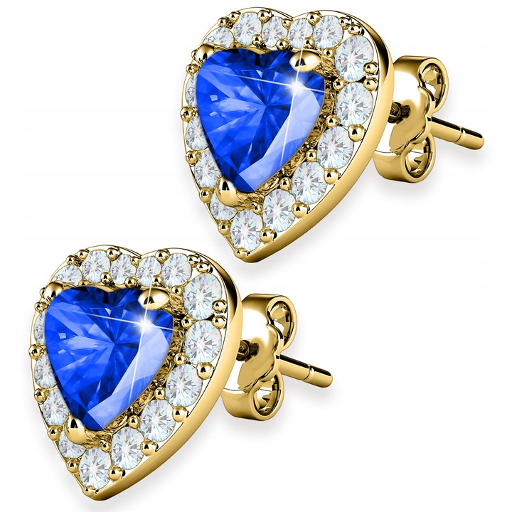 Cercei, Larezo, Inimi De Cristal Albastru Cu Zirconii, Argint 925, Fara Pietre, Pentru Femei, Cutie Pentru Bijuterii Premium, Aurie
