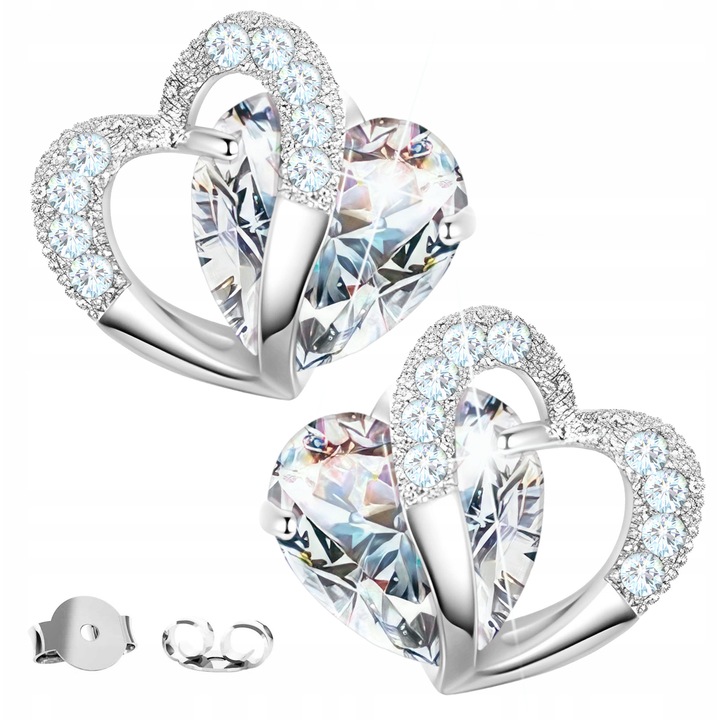 Cercei, Larezo, Cu Inima Alba, Inima Alba Cu Zirconii, Dragoste, Argint 925, Fara Pietre, Pentru Femei, Cutie Pentru Bijuterii Premium, Argintiu