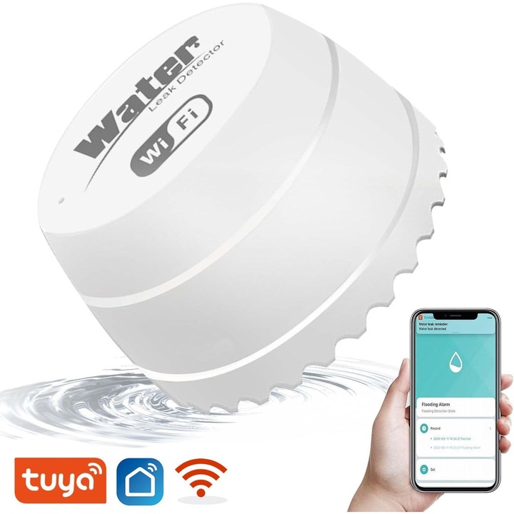 Alarma Inteligenta Tuya WiFi pentru Scurgeri de Apa, Detector Inundatii IP66, Baterie 1700mAh cu Autonomie 24 luni, Alerta Sonora 100dB, Notificari in Aplicatie, pentru Bucatarie, Baie si Subsol