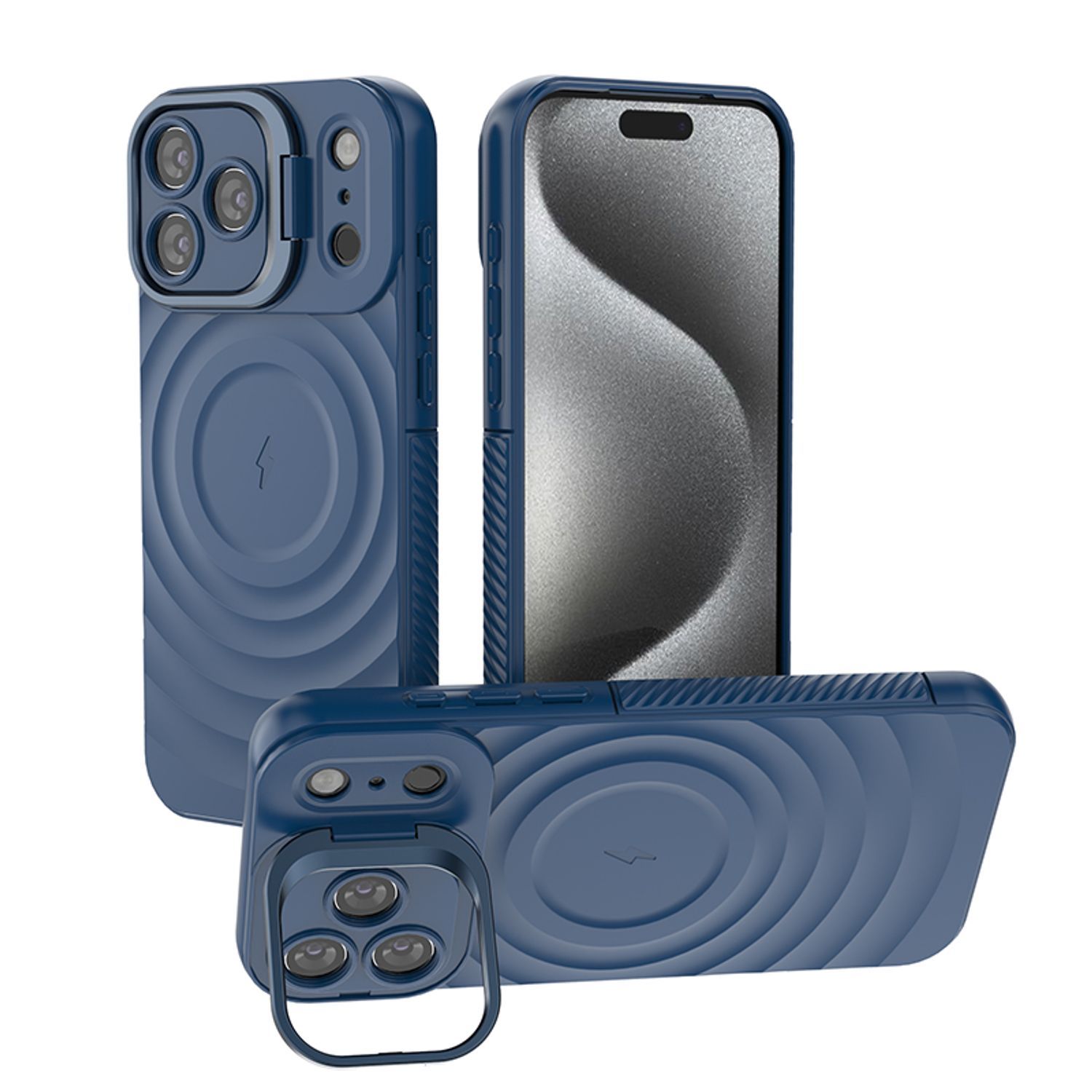 Husa pentru Apple iPhone 17 Pro Max, Suport Invizibil, Magsafe, Model Valuri, Protectie Antisoc, Textura Prietenoasa Cu Pielea, Albastru