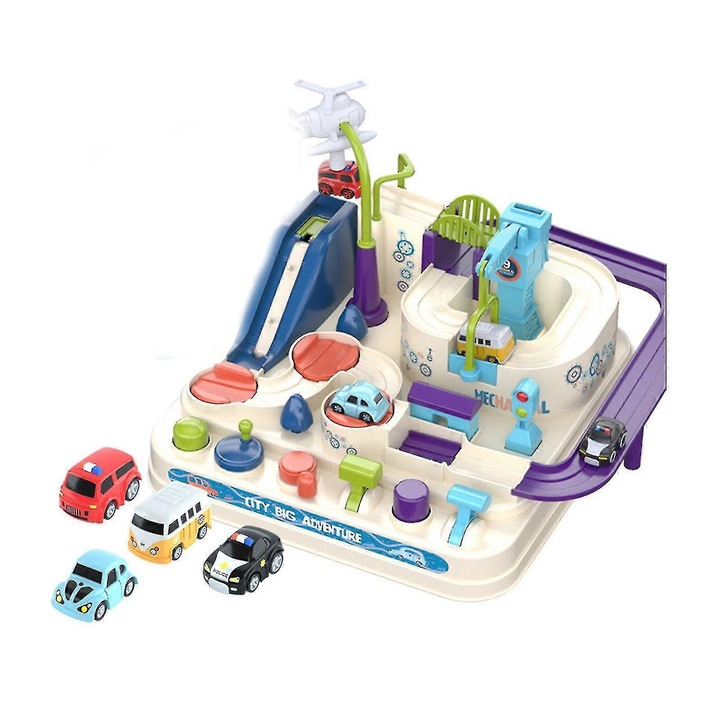 Parcare etajata, 4 masinute, mint, bej, albastru, 27x26x20cm, set complet