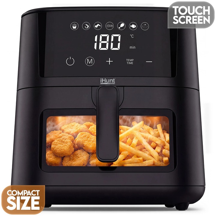 Friteuza cu aer cald iHunt Bro Air Fryer Ultra 4.2L, 1200W, Timer 60 min, Termostat reglabil 80–200°C, Geam vizual, Indicator, Oprire automata, Protectie supraincalzire, Inox, 33 x 24.5cm, Black