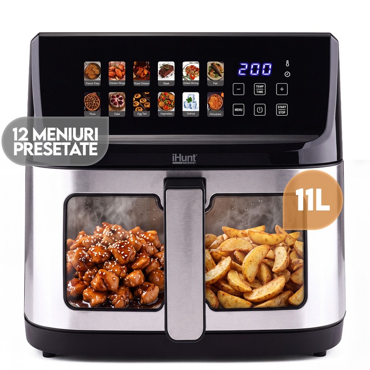 Friteuza cu aer cald iHunt Bro Air Fryer 11L, 2300W, Capacitate Mare, Timer, Dezghetare, Control Digital Touch, 12 Programe Presetate, Oprire Automata, Termostat 60 – 200°C, Inox Premium, Silver Black