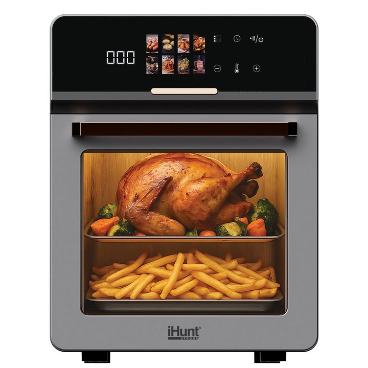 Friteuza cu aer cald iHunt Bro Air Fryer Oven 18L, 1800W, 8 Programe Gatire Presetate, Ecran LED Touch, Tehnologie 360° Hot Air, Temporizator, Cuptor Profesional Capacitate Mare cu Termostat, Strat antiaderent, Oprire automata, Inox, Silvery Grey