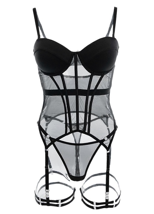 Szexi fehérnemű szett, Babydoll body harisnyakötővel, fekete, hálós anyag, L INTL