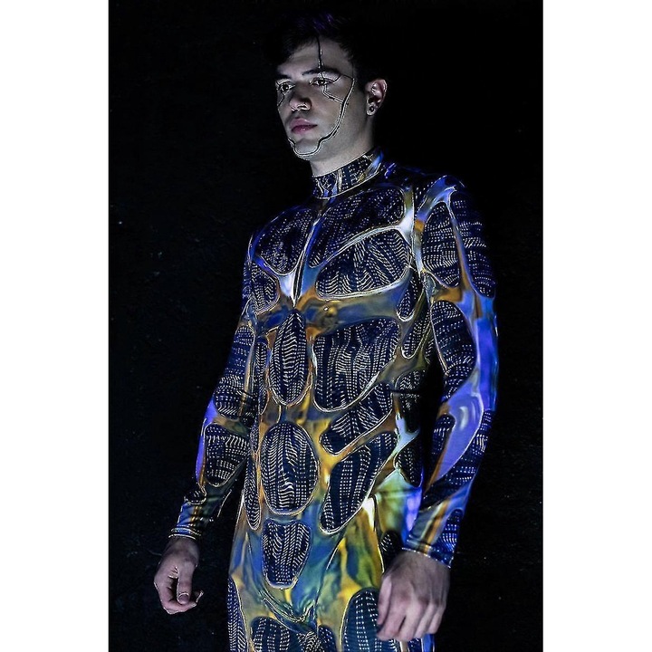 Costum Cyborg pentru barbati, imprimeu glitch, lungime maneca lunga, multicolor, marimea XL