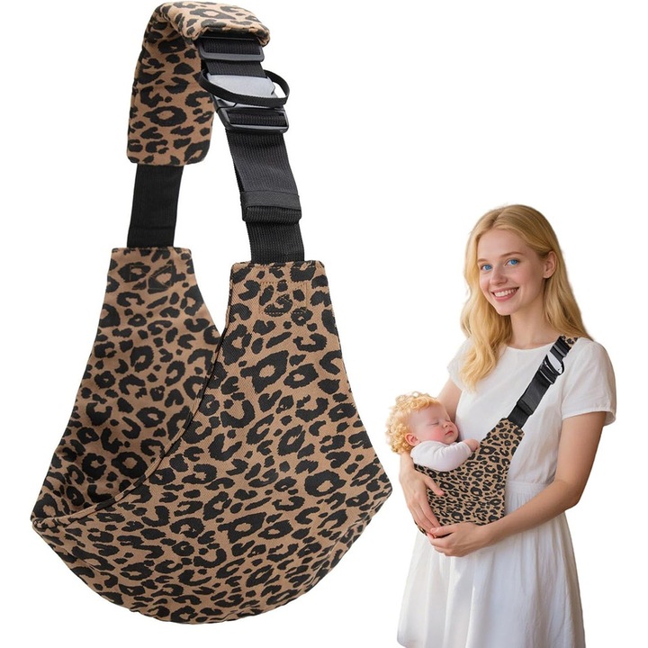 Marsupiu ergonomic reglabil pentru bebelusi, BOMSTOM, din tesatura moale de bumbac, respirabil, varsta recomandata 0-48 luni, Reglabil, Marime universala, Imprimeu de leopard