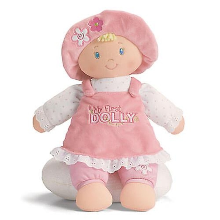 Papusa de plus My First Dolly, 33cm, blonda, camasa roz brodata cu dantela, maneci cu buline