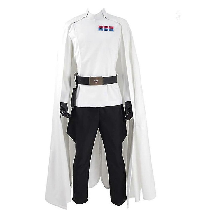 Costum complet Orson Krennic pentru barbati, set cu mantie, palton, pantaloni, curea, manusi, alb, marime conform tabelului de dimensiuni