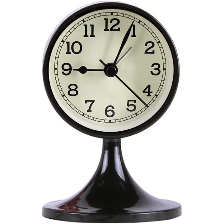 Kerek, analóg asztali óra, retro design, fehér feketével, 12.2x8cm