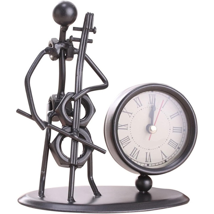 Ceas decorativ de masa cu design de violoncel, metal, 12x12x6.5cm