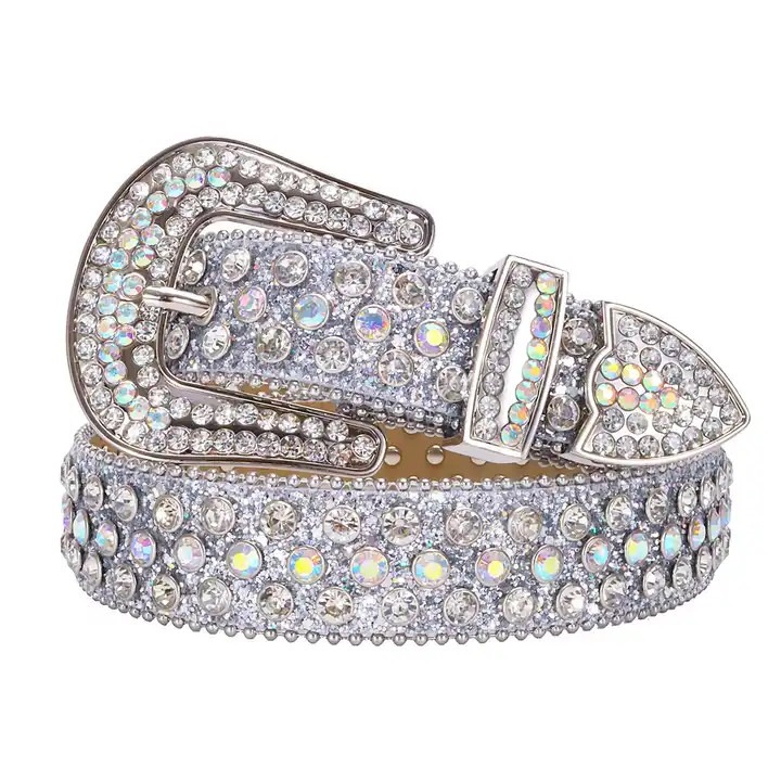 CowgirlBling strasszos bőr öv farmerhez, strasszokkal és western ezüst csattal, uniszex, 95cm