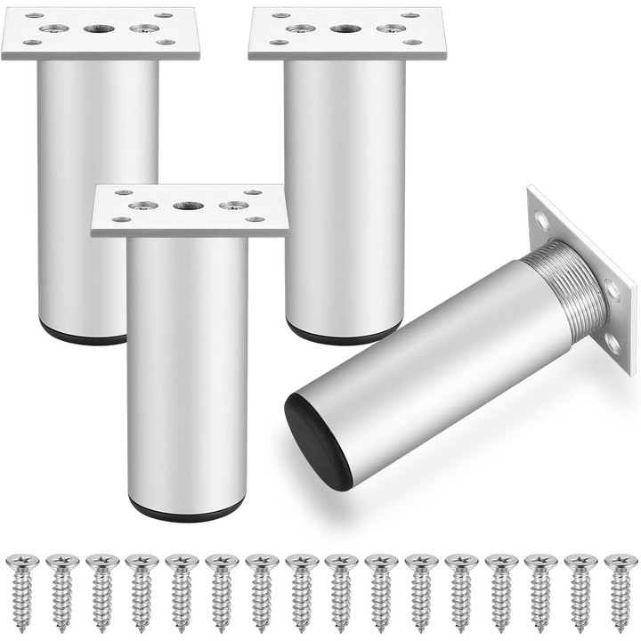 Set 4 picioare de mobilier, 12cm, din aluminiu, pentru canapea, dulap, cu suruburi
