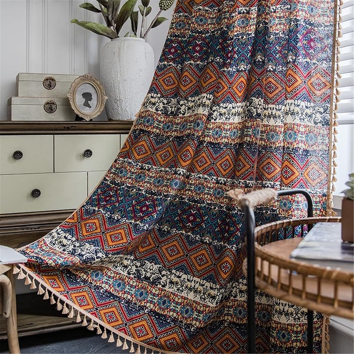 Boho függöny, 1 szett, narancssárga geometriai mintás, félhomályos, 149x213cm